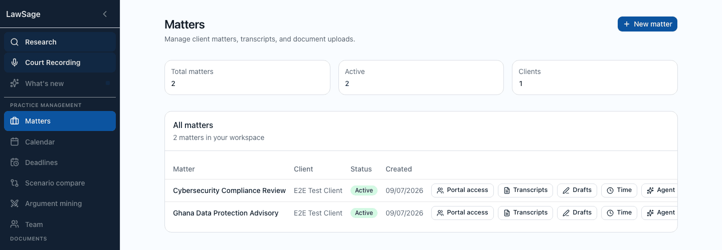 LawSage matters list showing active matters with row actions for drafts, transcripts, time, and portal access