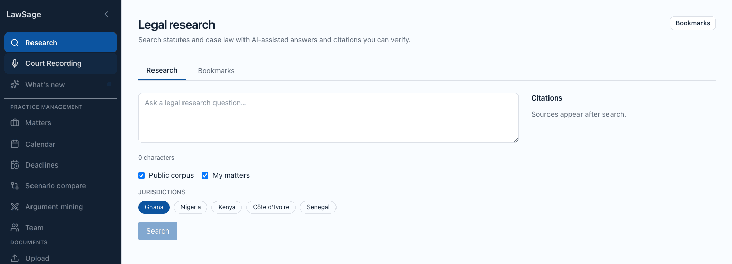 LawSage research page with jurisdiction filters, corpus toggles, and a citations panel