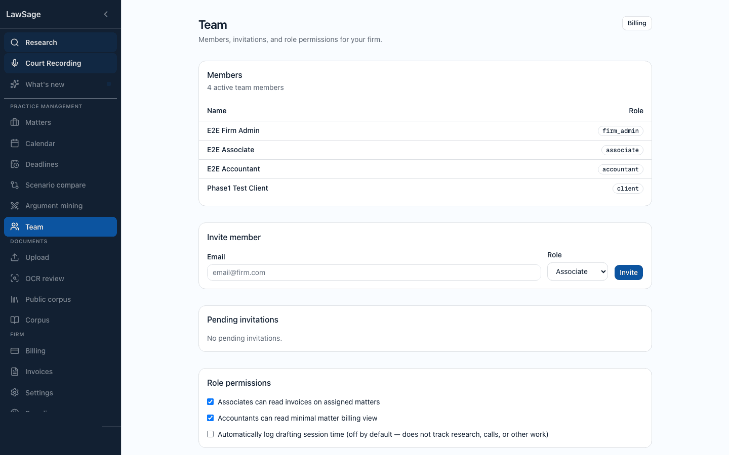 LawSage team page listing members with role badges and role-permission toggles